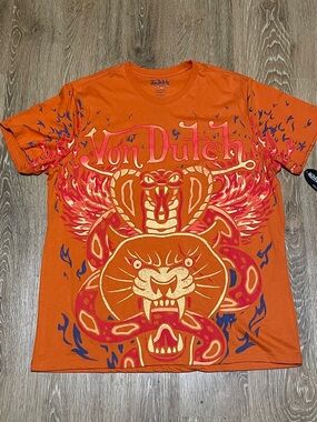 Von Dutch Orange Tee with Cobra & Lion Graphic
